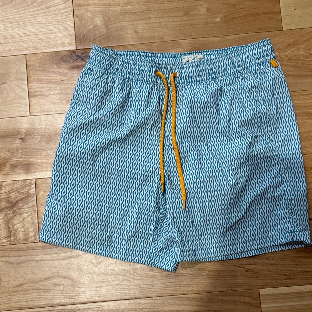 J. Crew Teal and White Patterned Swim Trunks
